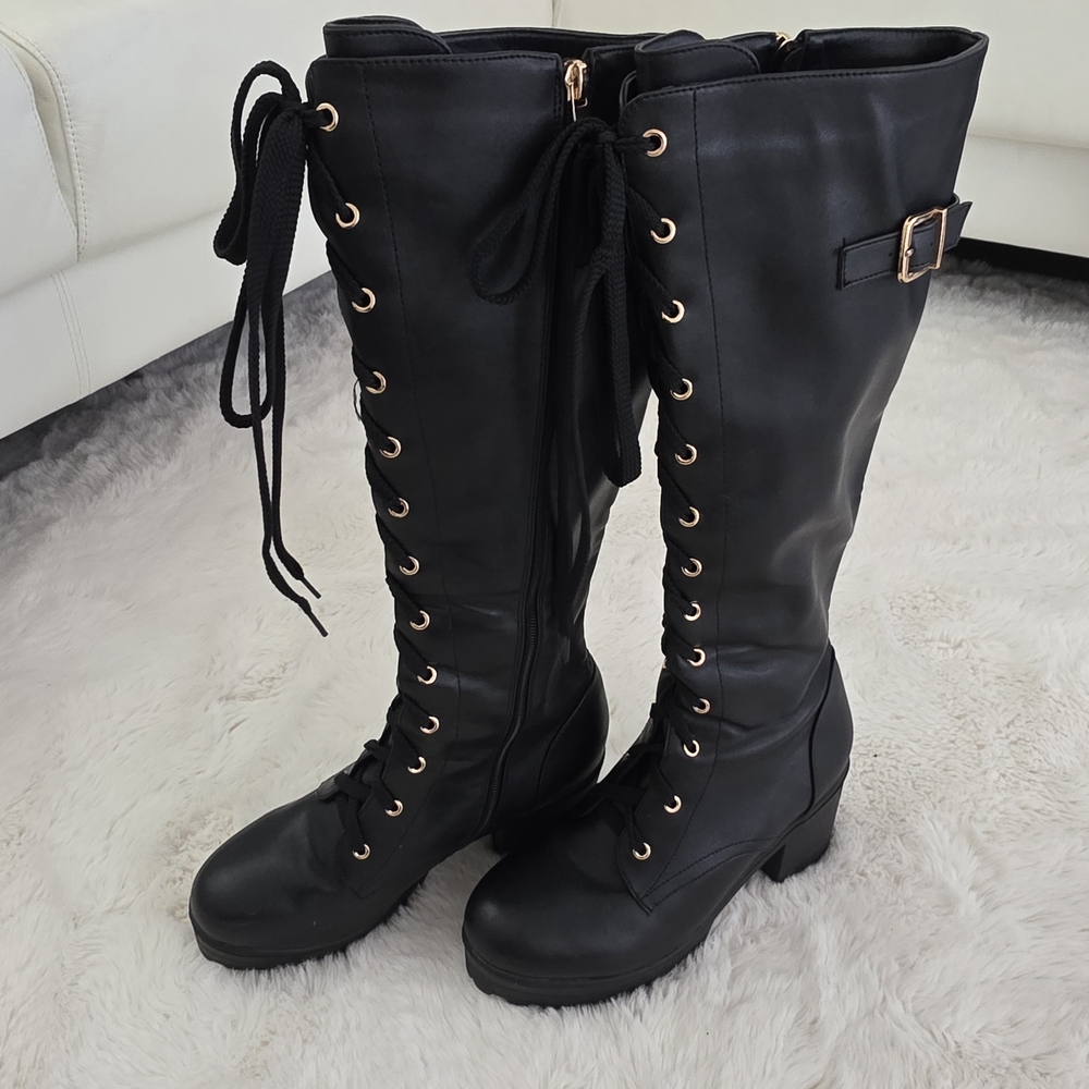 Black Knee-High Lace-Up Boots